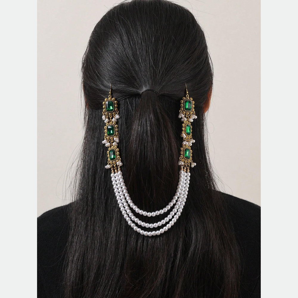 Faux Crystal & Faux Pearl Decor Hair Chain