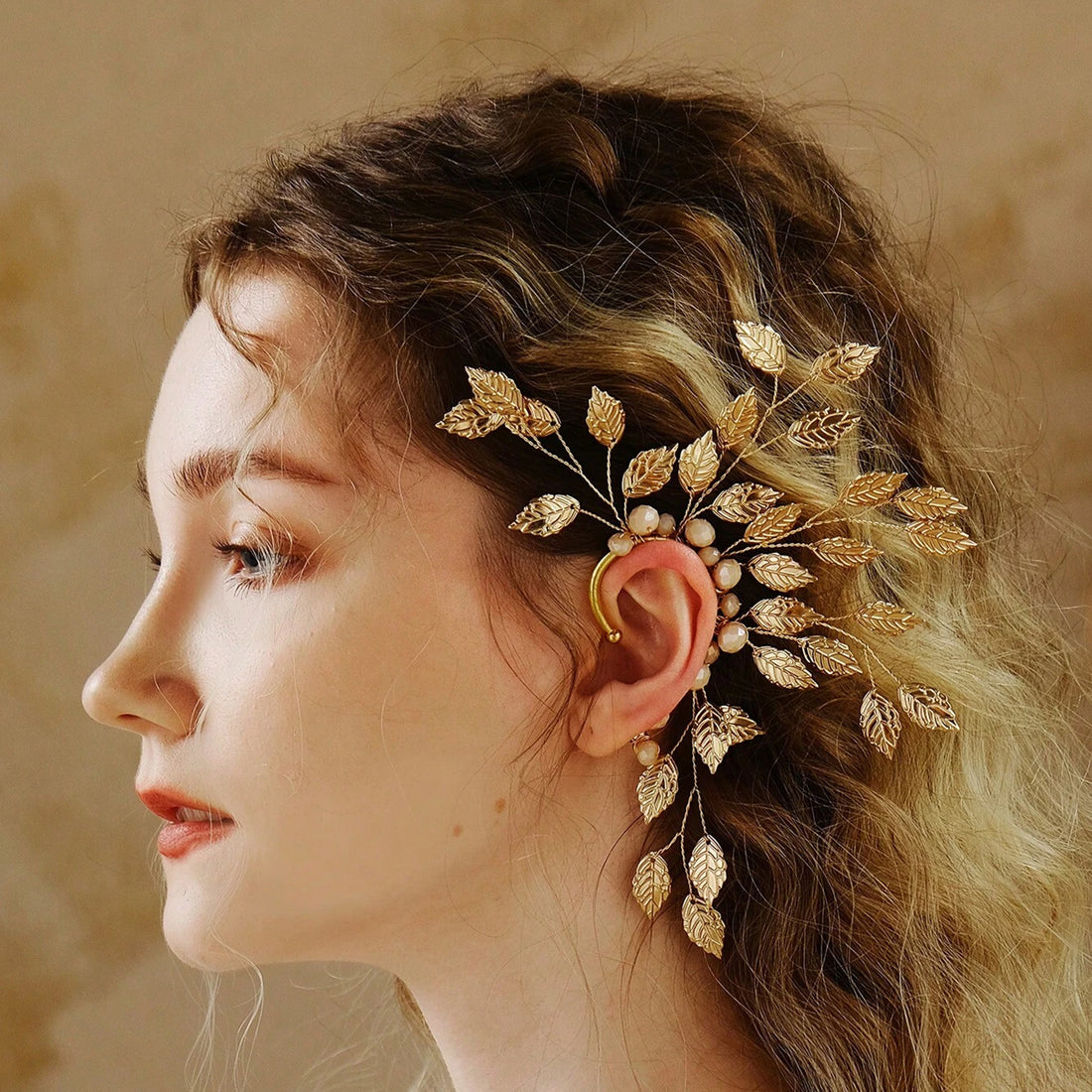 Metal Leaf and Crystal Beaded Ear Cuff