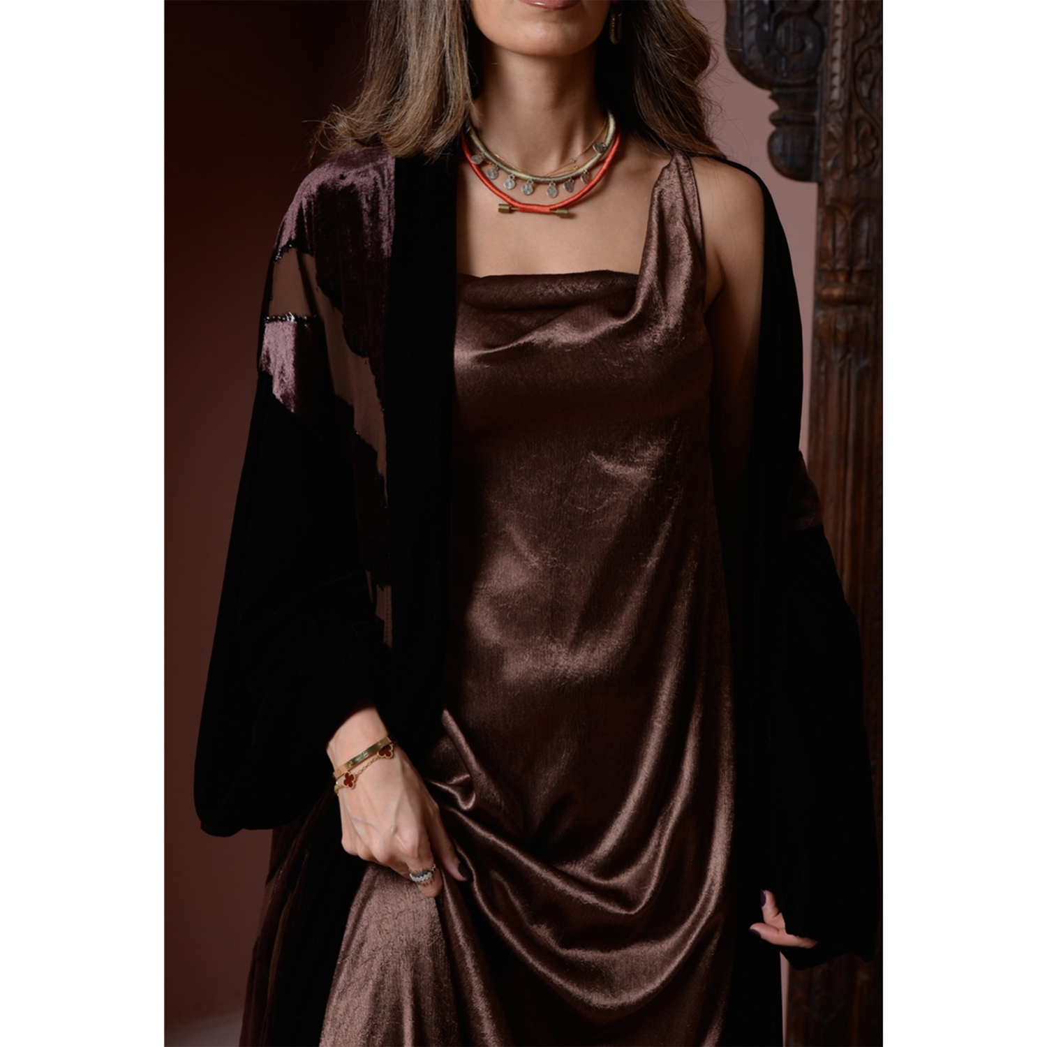 Silk Cotton Fitted Dress with Velvet Chiffon Bisht Set