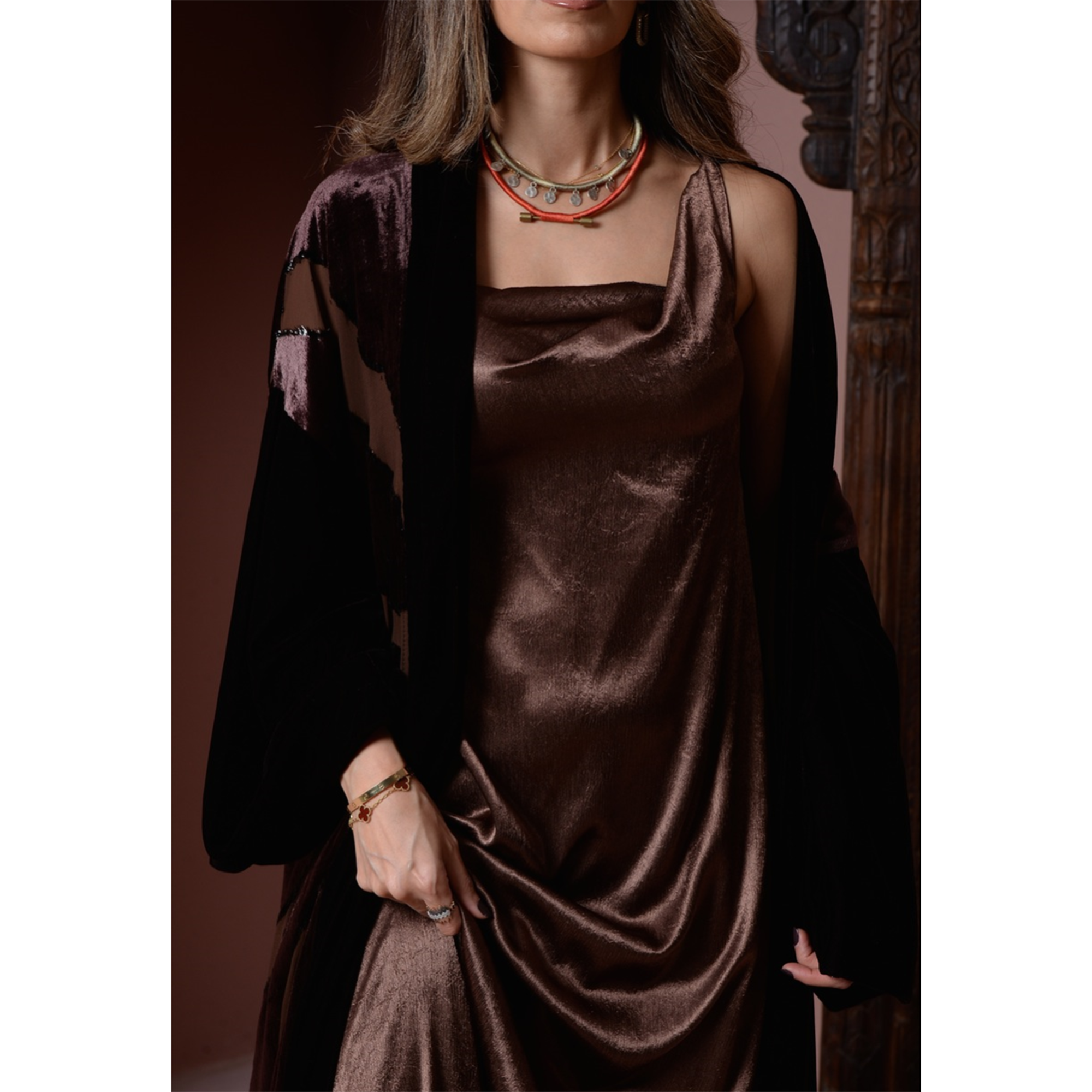 Silk Cotton Fitted Dress with Velvet Chiffon Bisht Set