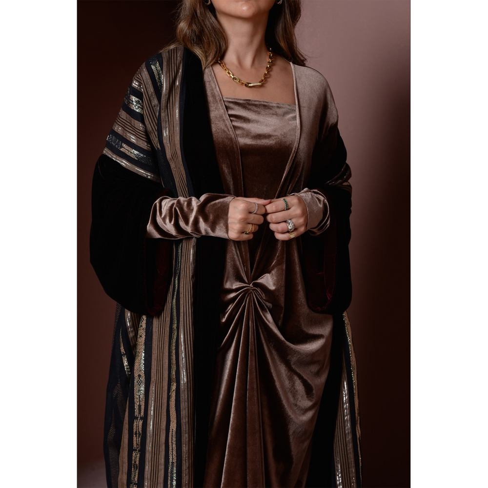 Velvet Dress & Stripped Cotton Bisht