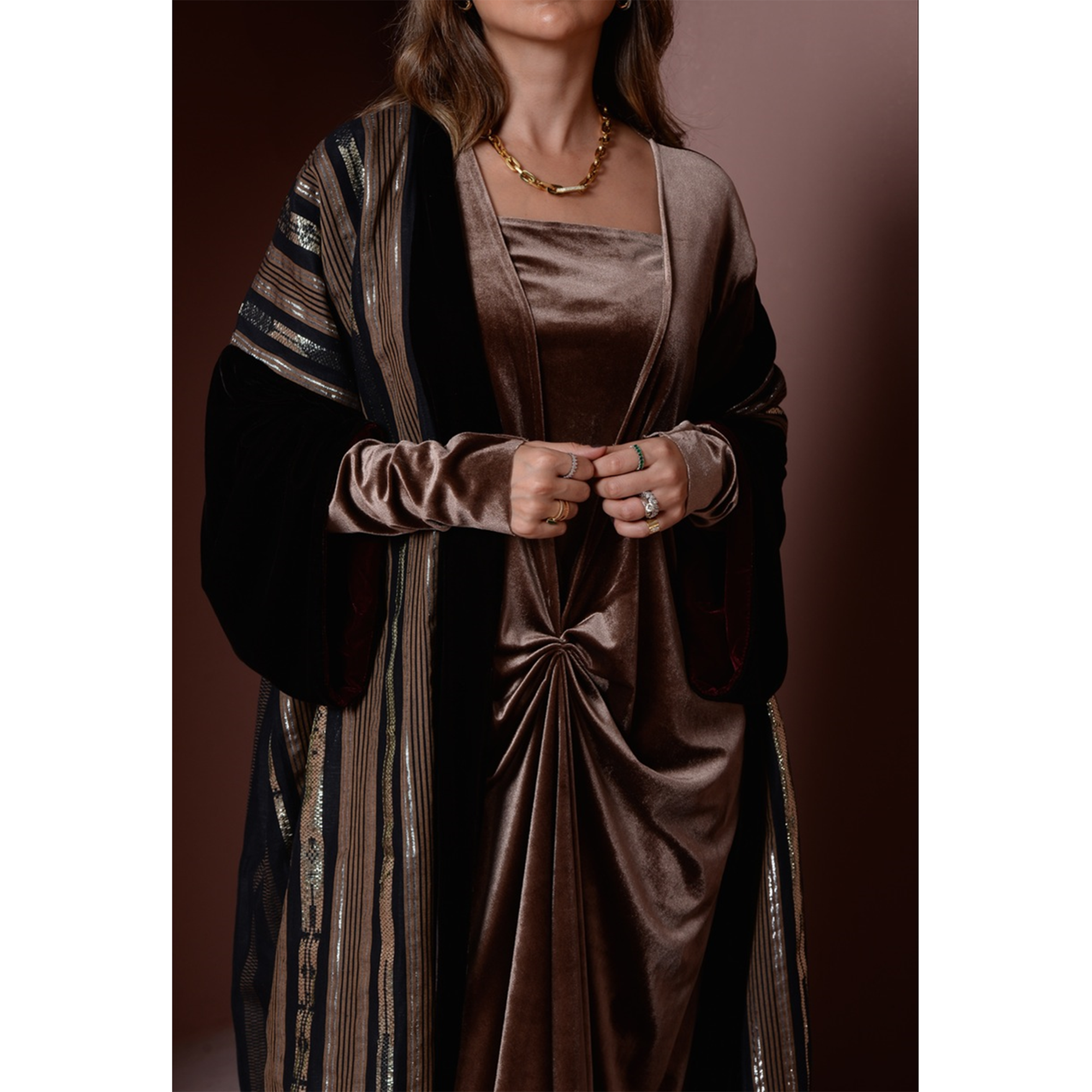 Velvet Dress &amp; Stripped Cotton Bisht